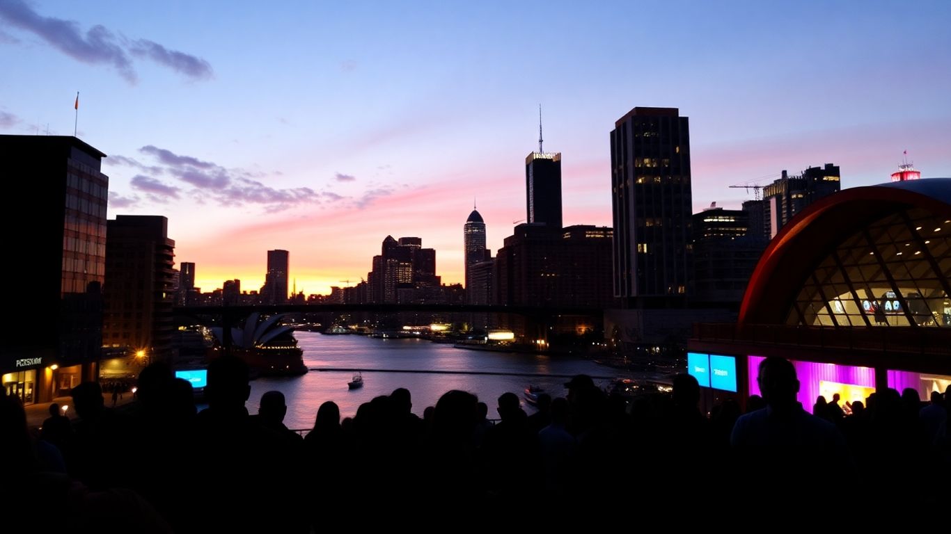 Sydney skyline with people near event venue at dusk.