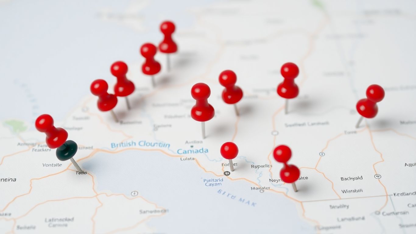 Map with pins indicating TOEFL test center locations in British Columbia.