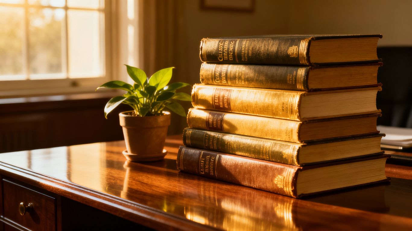 Stack of finance books on a wooden desk.