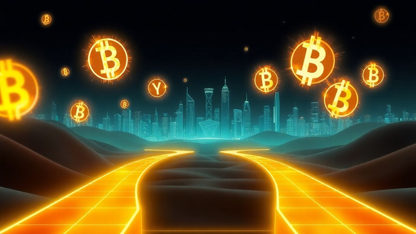 Digital landscape with crypto symbols and cityscape.