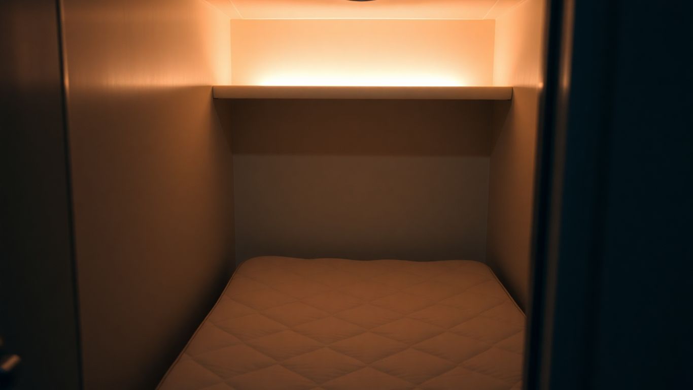 A person sleeping soundly in a secure, comfortable sleeping pod.