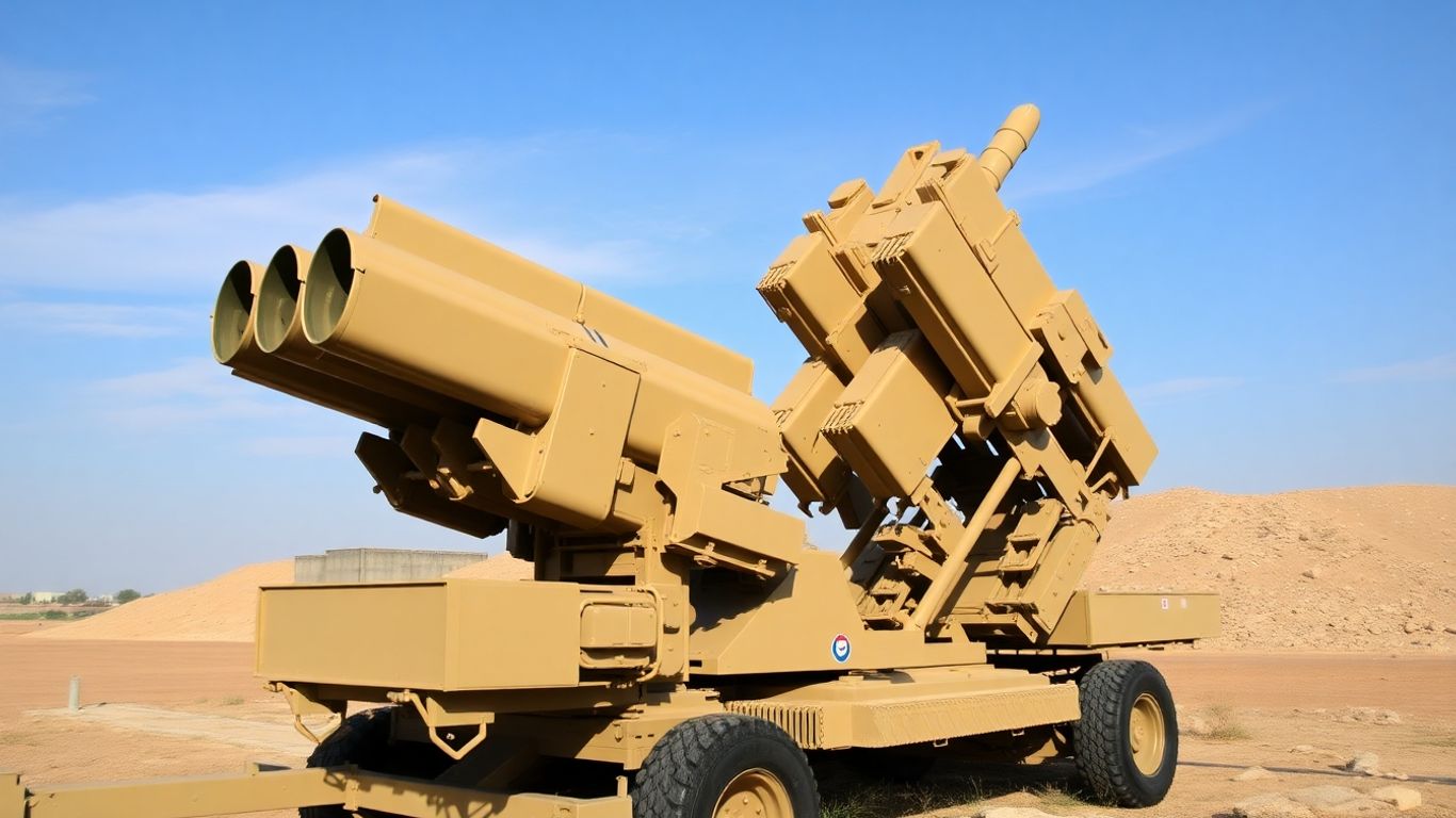 Patriot missile system launcher against a clear sky.