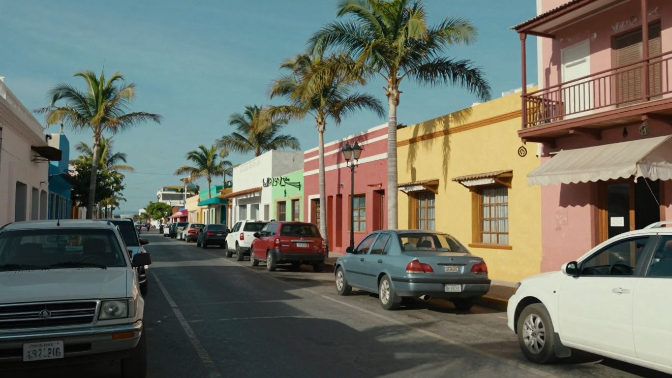 Downtown Cabo street with parked cars and palm trees.