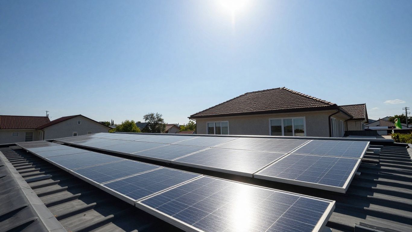 Panneaux solaires sur un toit ensoleillé.