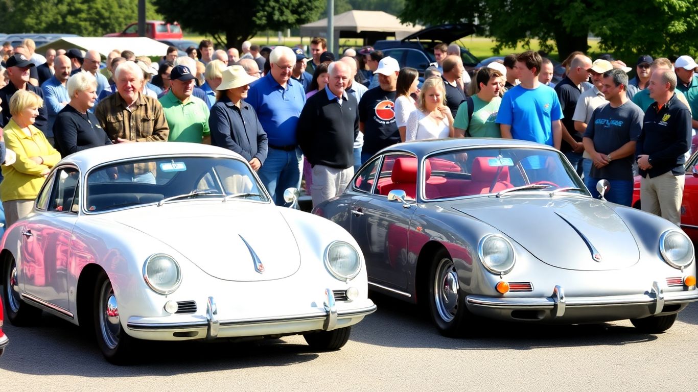 Porsche cars and diverse age group of enthusiasts