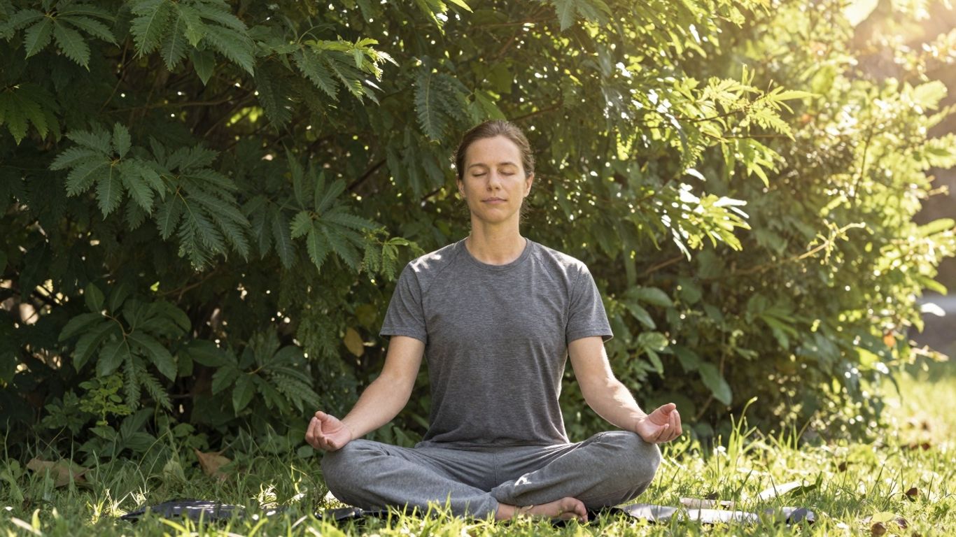 Person meditating peacefully in a sunlit, natural environment.