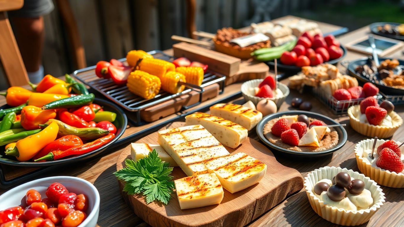 colorful barbecue spread with smoked veggies, cheese, and desserts