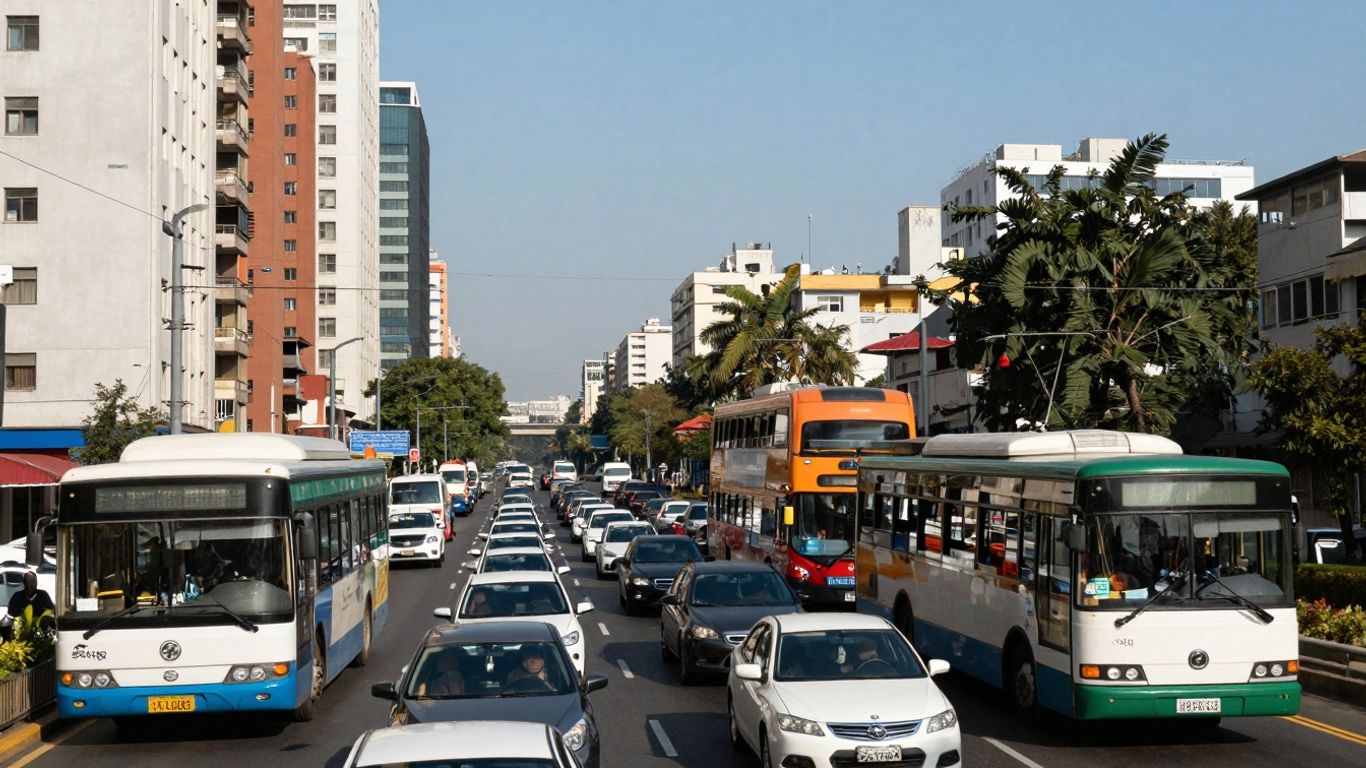 Trafic urban aglomerat cu autobuze și tramvaie.