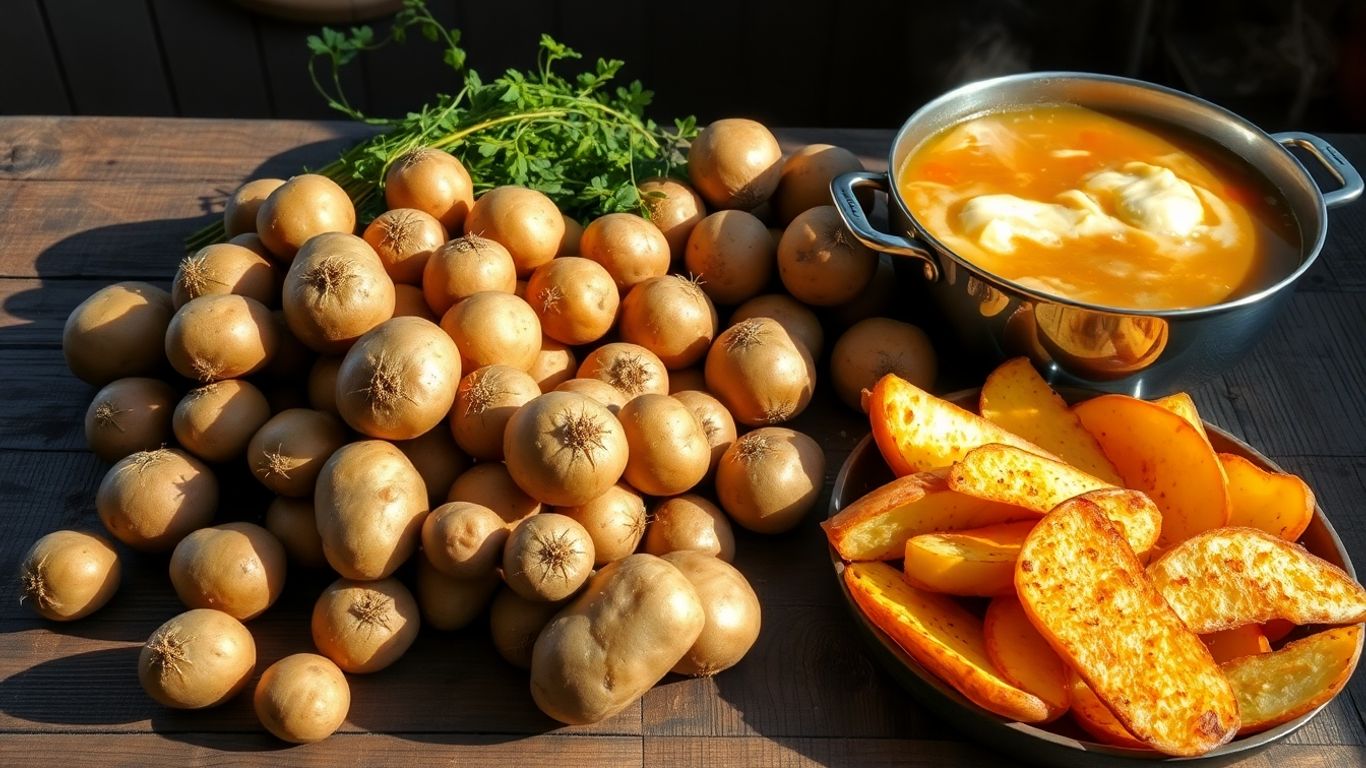 Aardappelen en stamppot op een rustieke tafel.