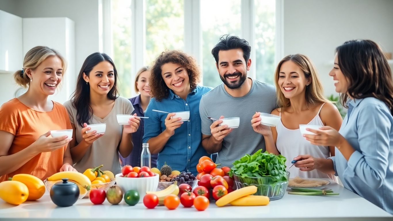 People enjoying yogurt and fresh fruits together