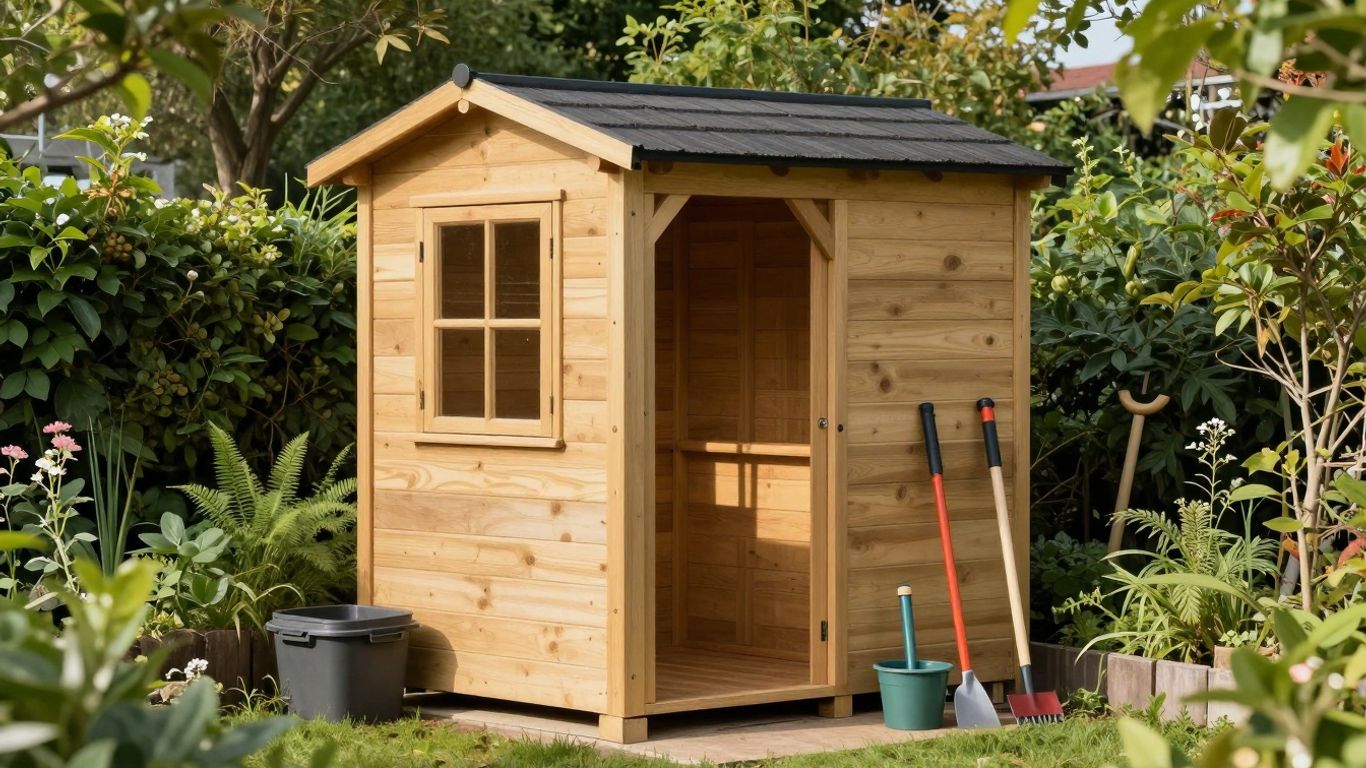 Moderne schuur in een groene tuin met gereedschap.