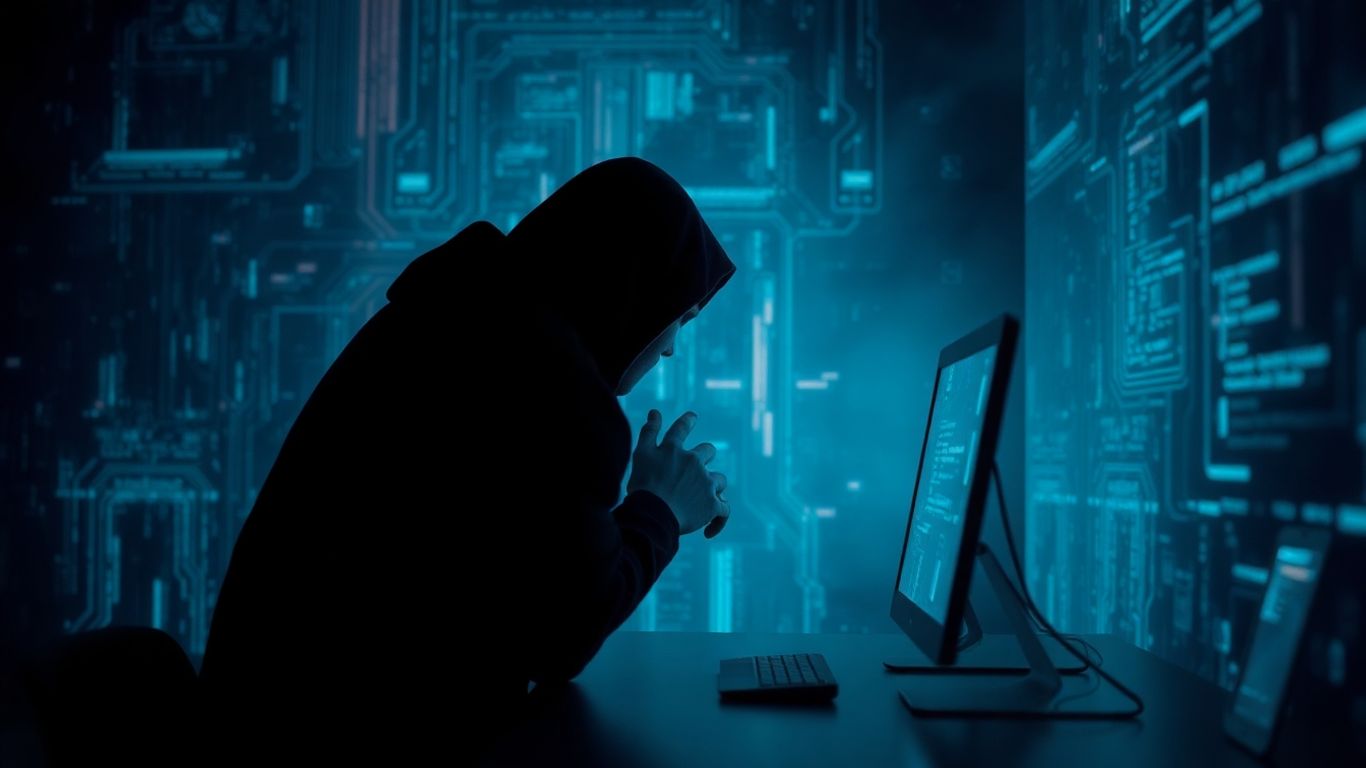 ภาพเงาคนกำลังทำงานบนคอมพิวเตอร์ในที่มืด