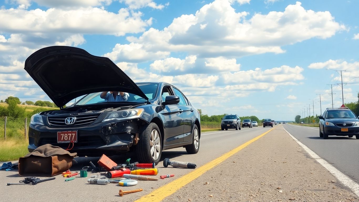 Car breakdown scene with driver and mechanic tools