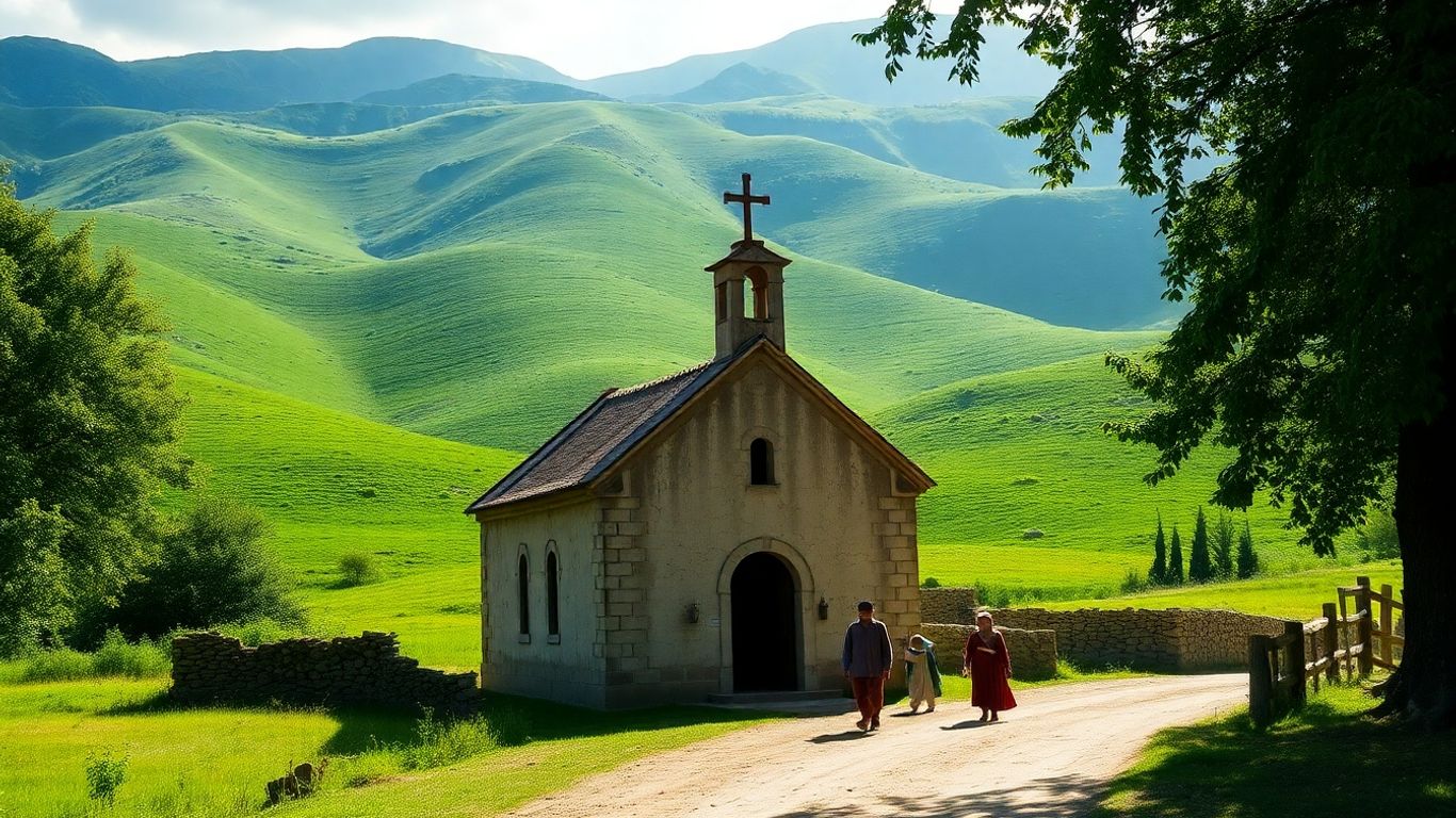 Biserică veche la țară, pe fundal de dealuri verzi.