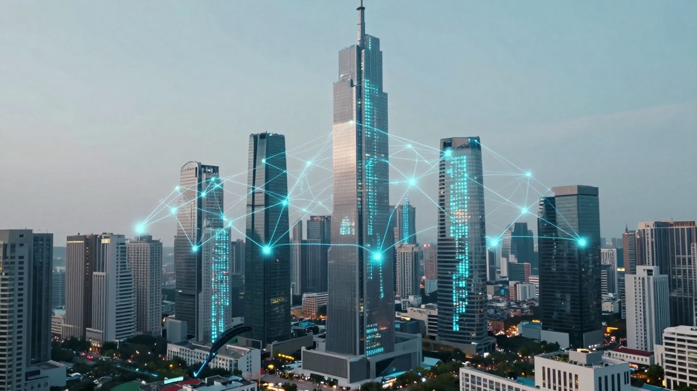 IBM blockchain network connecting futuristic cityscape