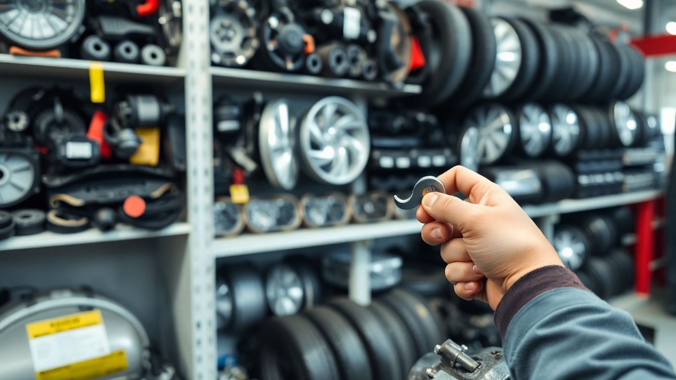 Auto parts displayed in a store with a mechanic's hand.