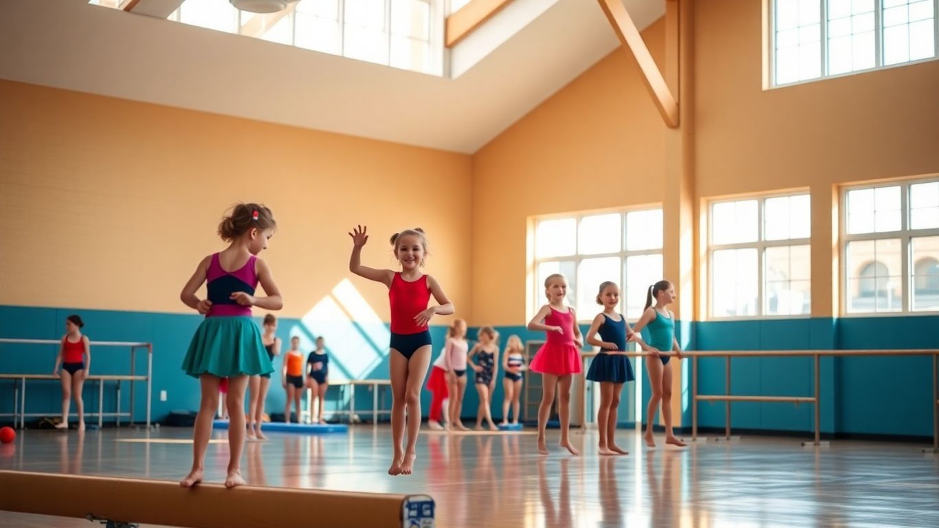 Gymnasts training in a bright, modern gym.