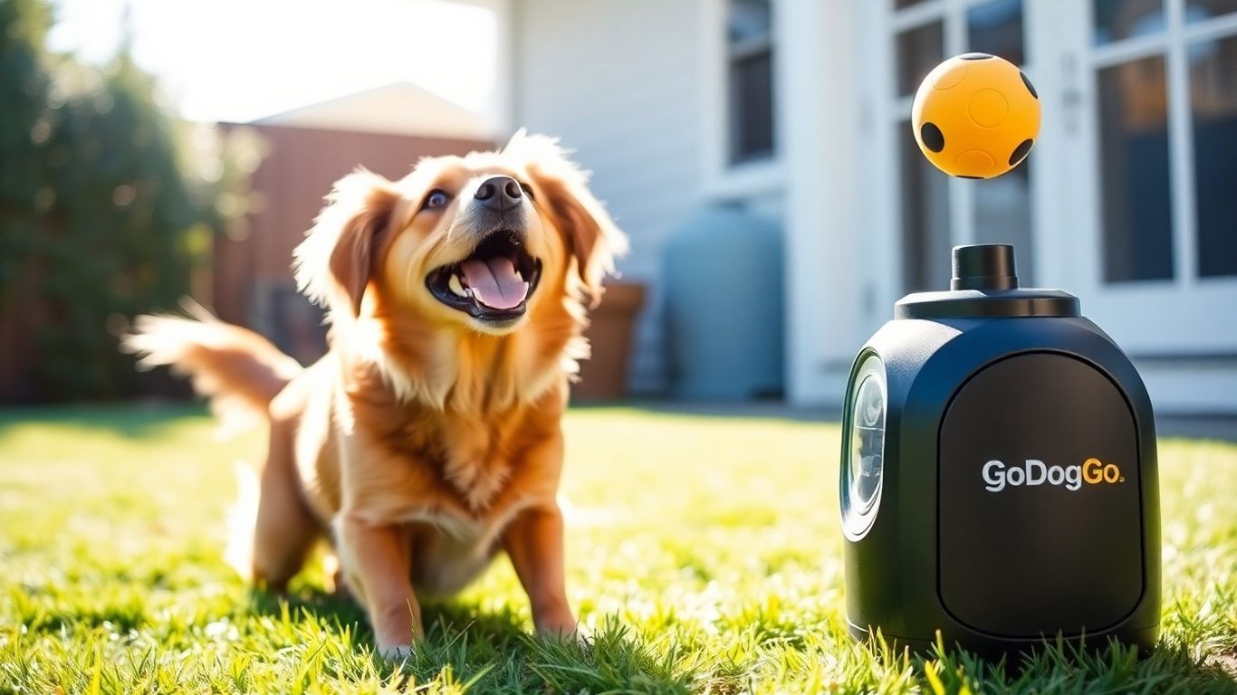 Dog ready to play with GoDogGo fetch machine
