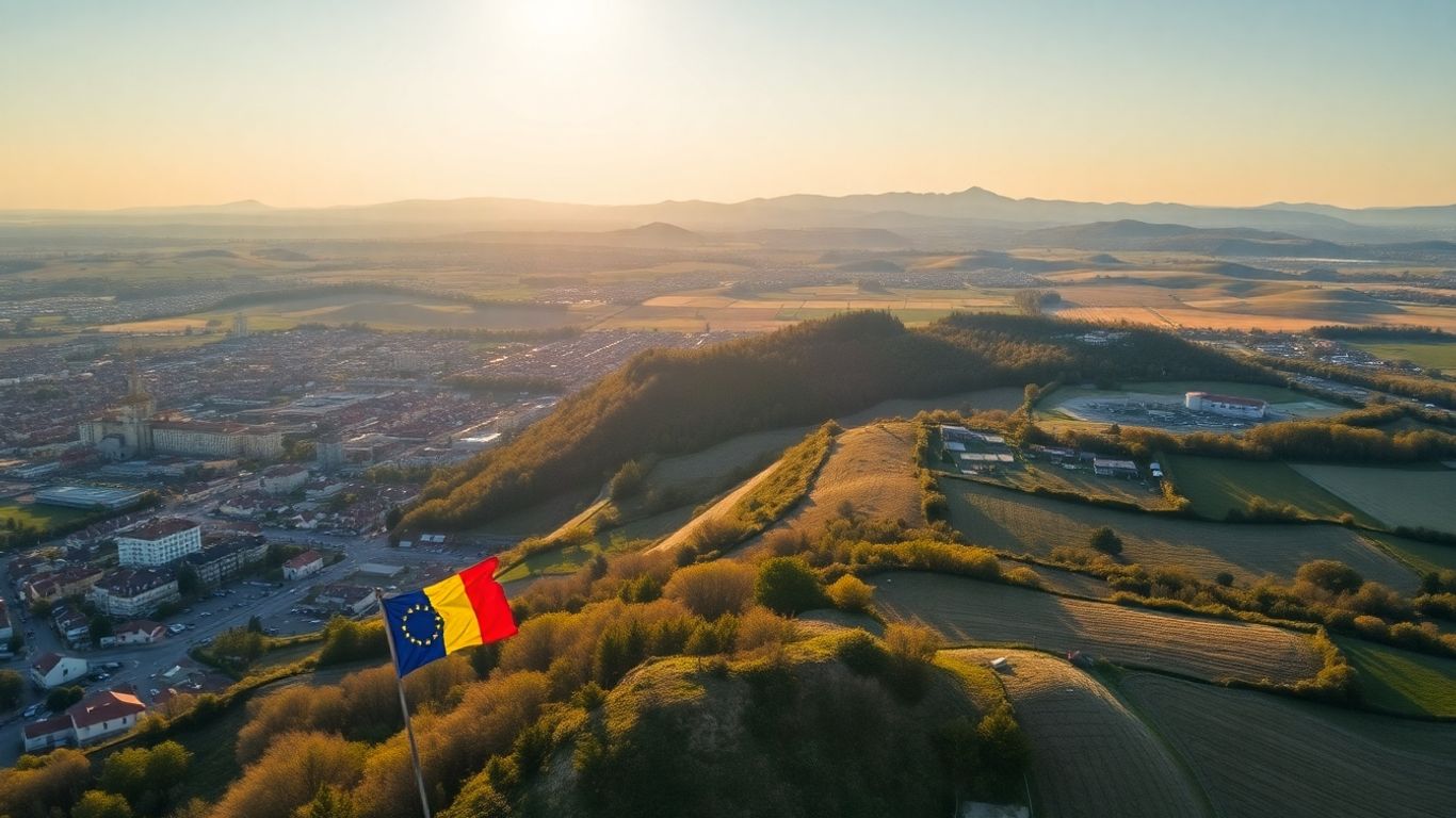 Peisaj urban și rural din România cu steaguri UE.
