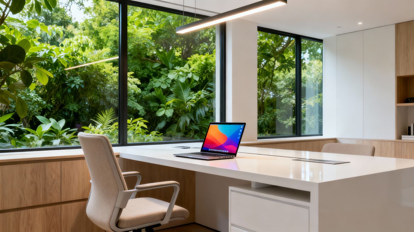 Home office setup with laptop and comfortable chair.