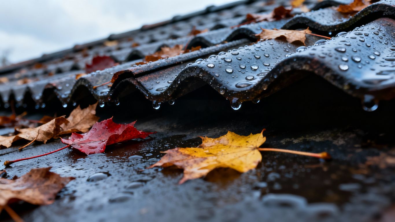 Autumn leaves on wet roof shingles with water droplets.
