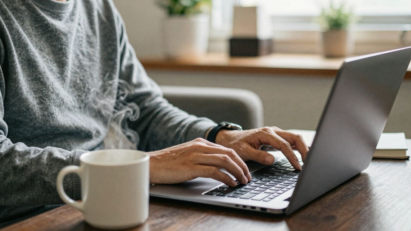 Person working from home on laptop, virtual assistant job