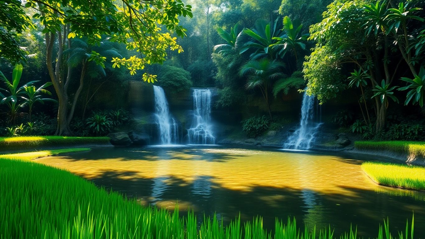 Lush Balinese rice paddies and waterfall in serene sunlight.