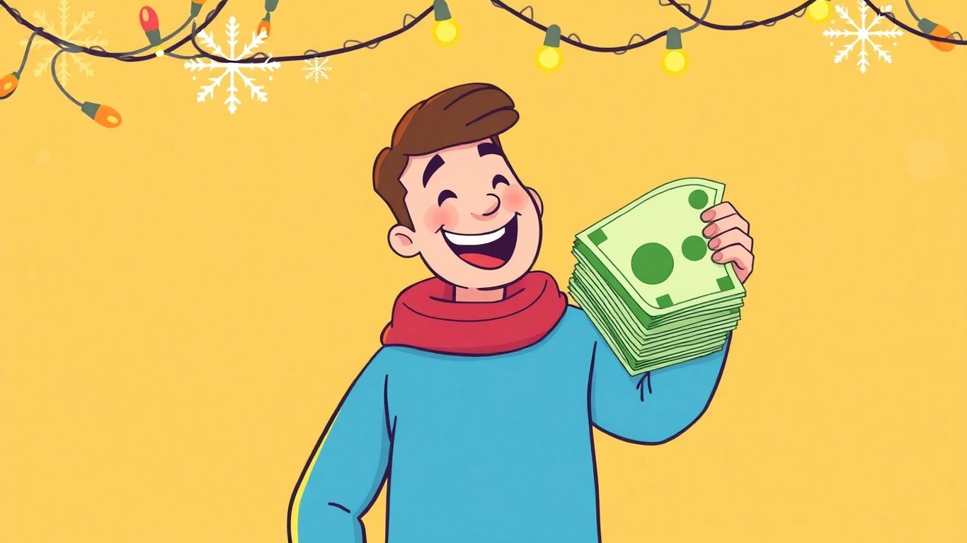 Person holding cash with holiday decorations.