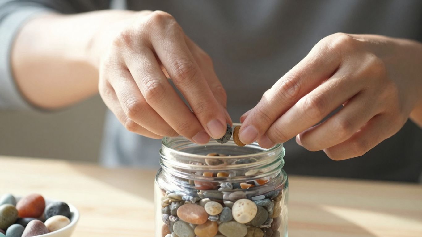 Hands adding stones to a jar, symbolizing progress.