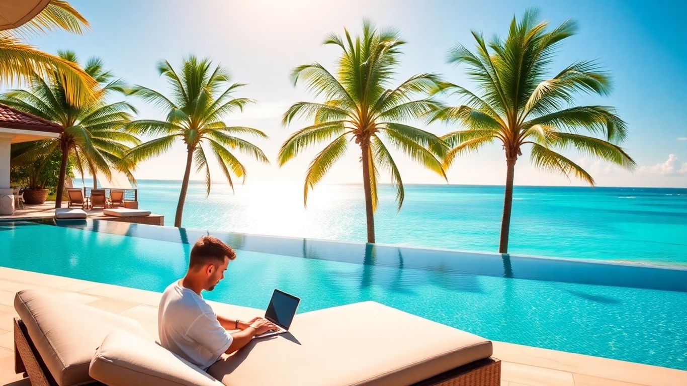 Villa mit Blick auf das Meer mit arbeitender Person.