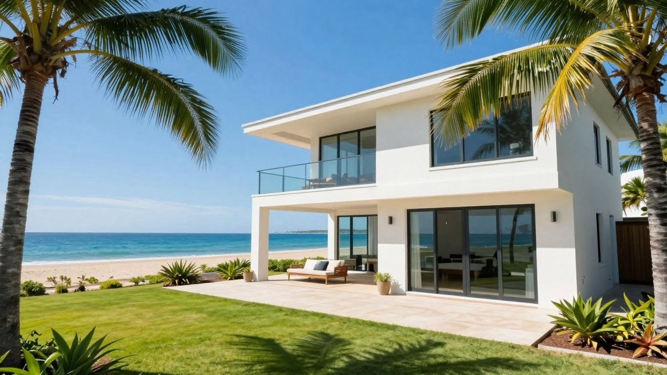 Casa vacacional moderna con playa y palmeras.