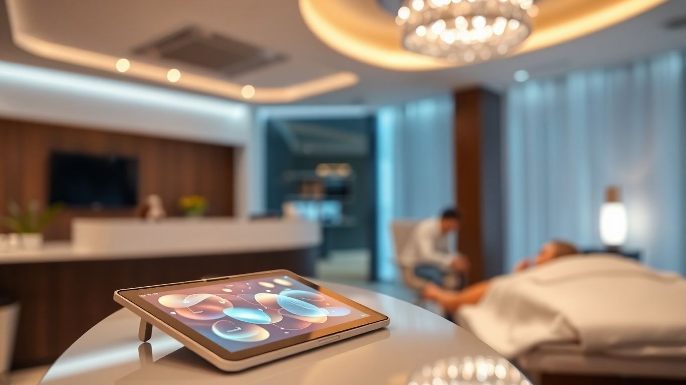 Medspa interior with digital interface and patient receiving treatment.