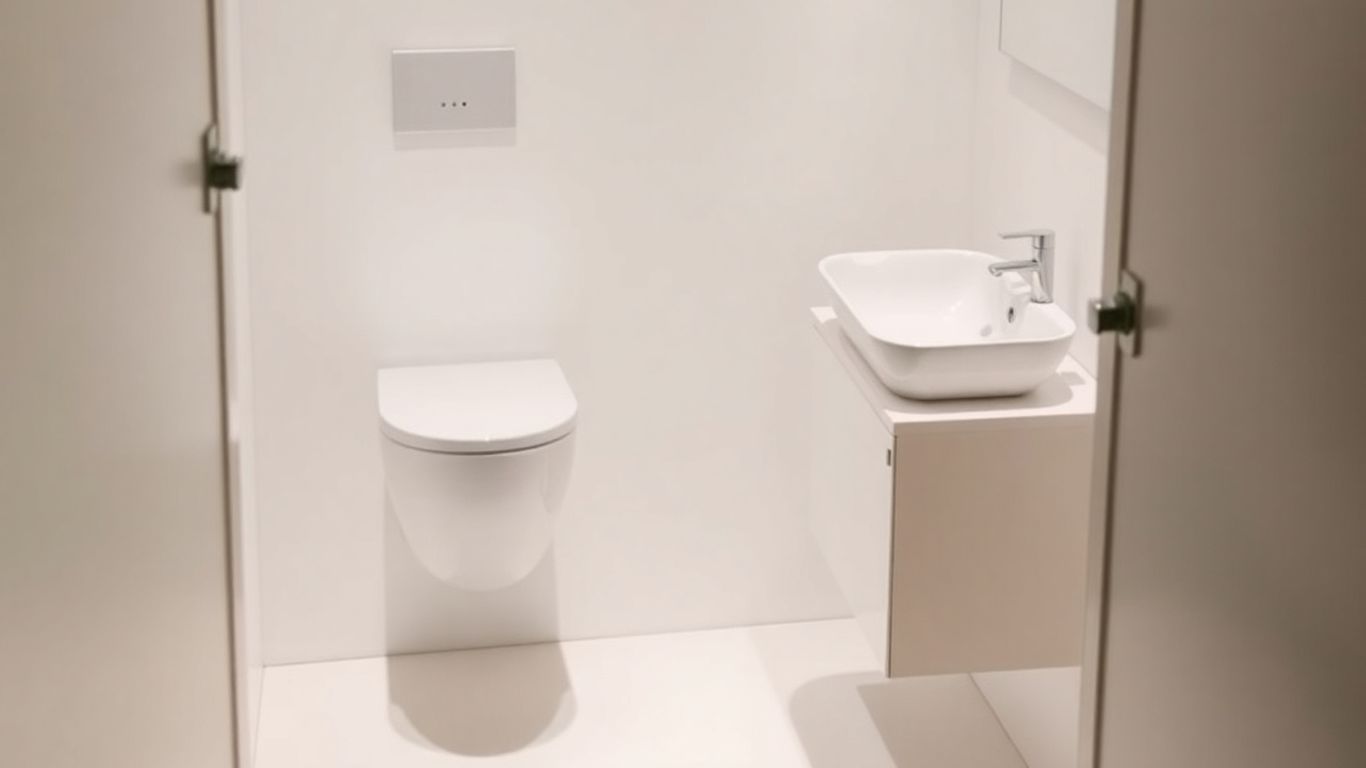 Modern bathroom with wall-hung toilet and vanity.