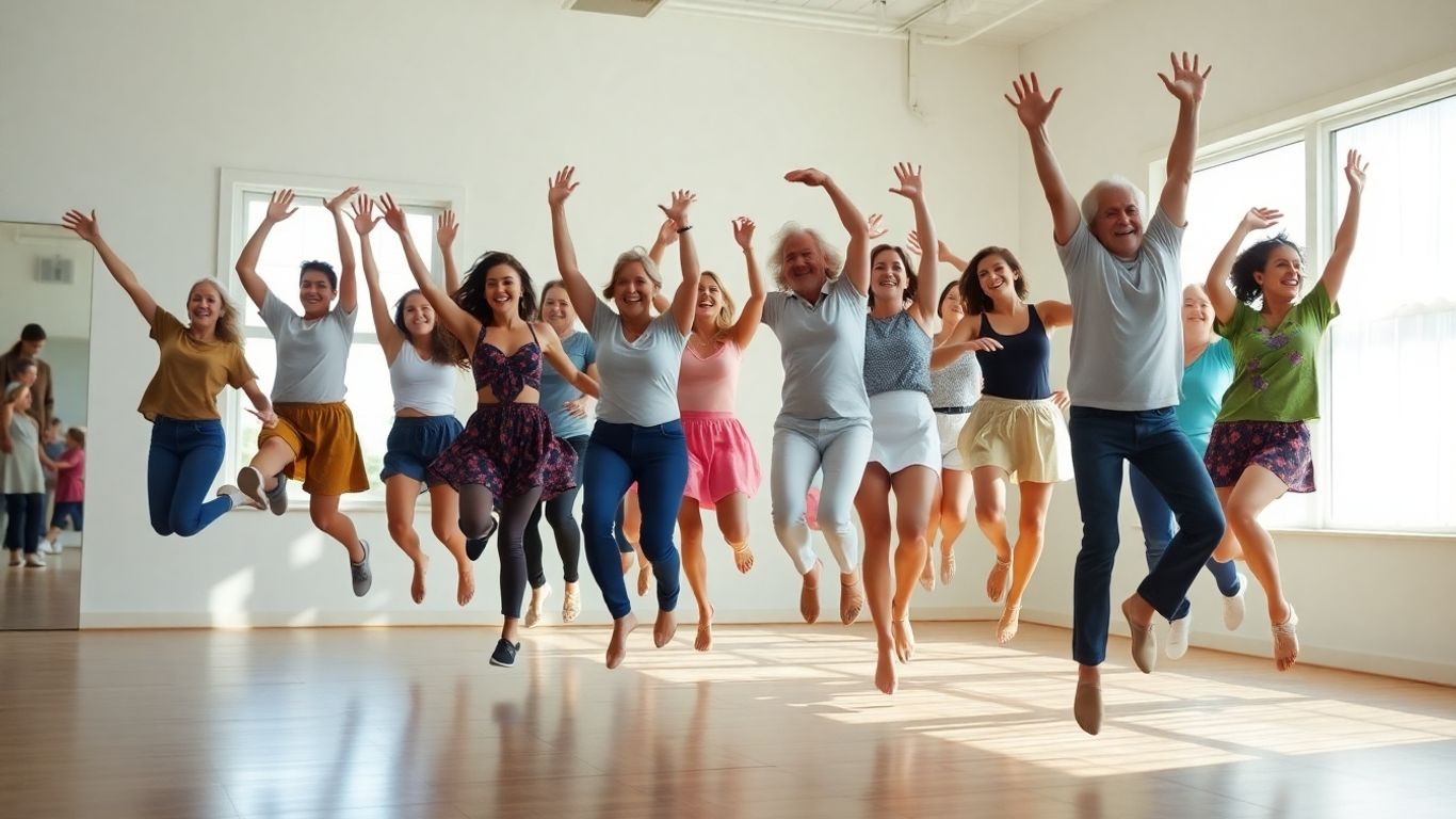 People dancing joyfully in a bright studio.
