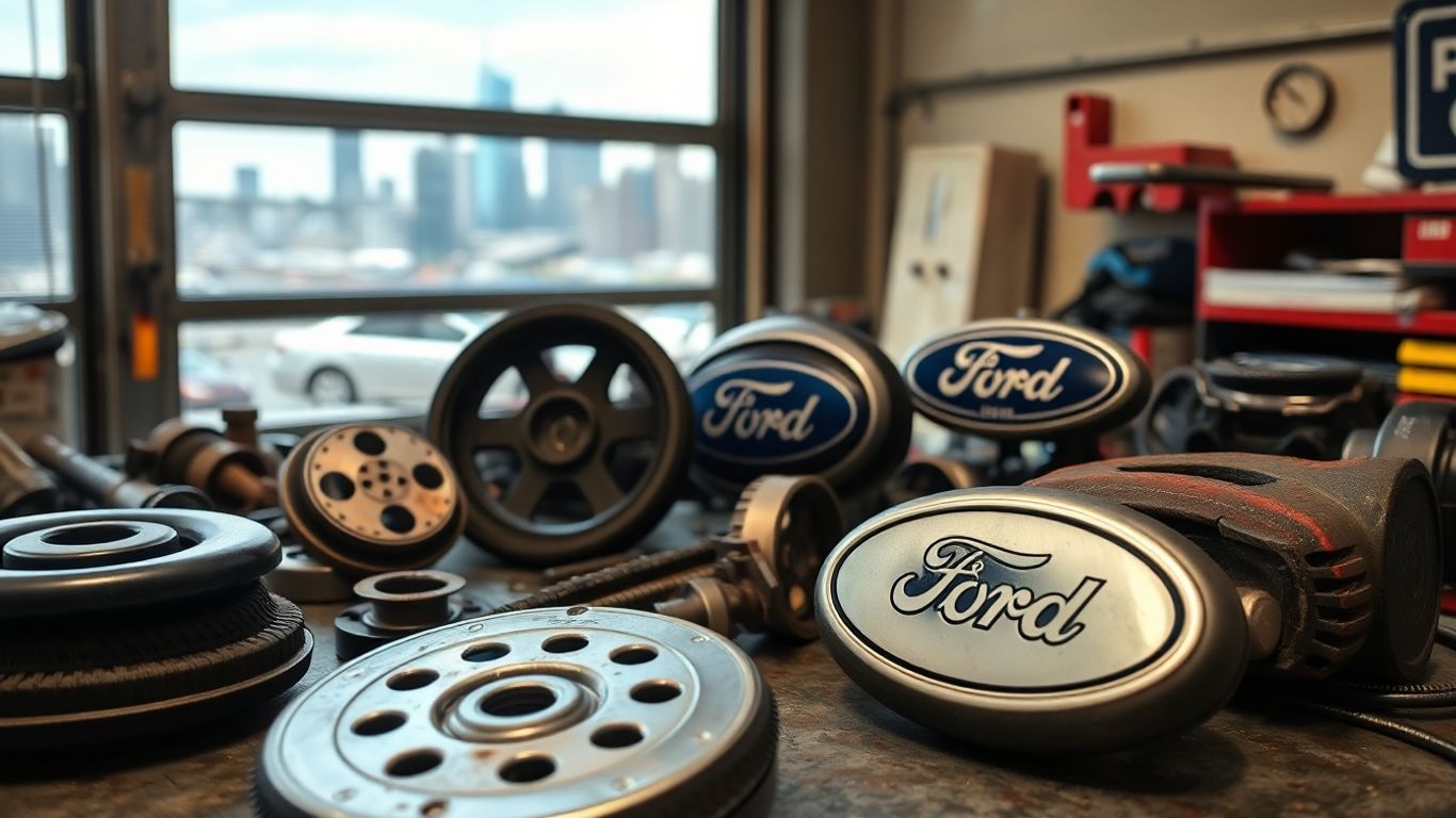 Ford car parts on workbench with Sydney skyline