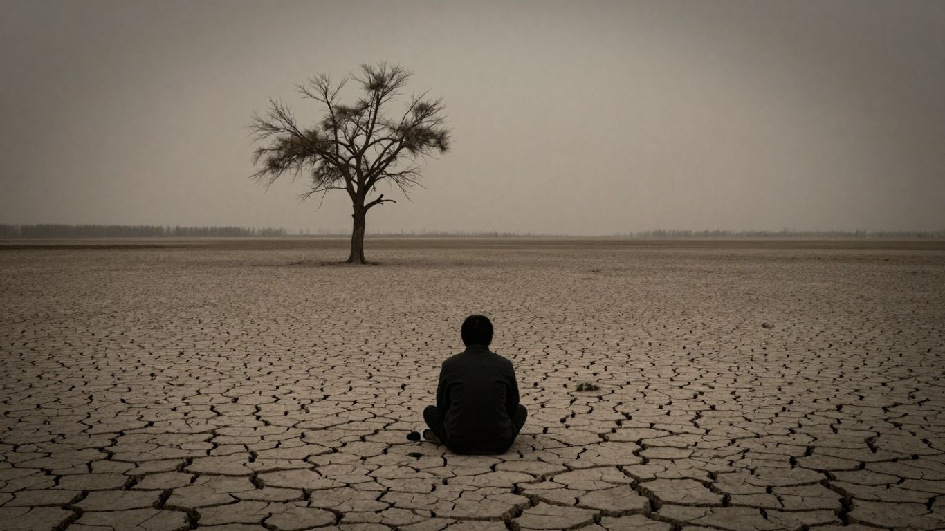 Paysage désolé avec un arbre mourant sous un ciel pollué.