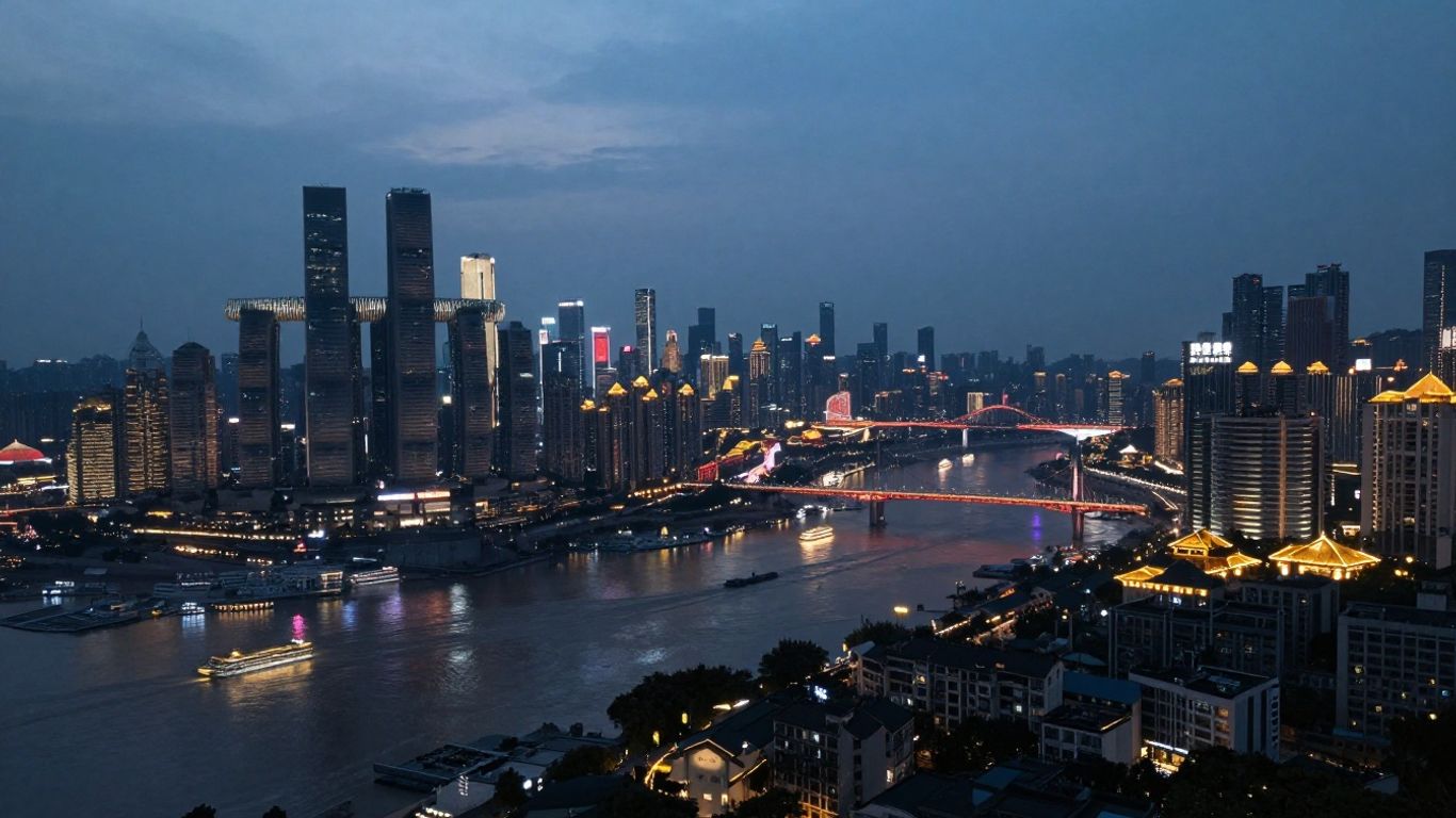 Modern Chinese cityscape with financial activity