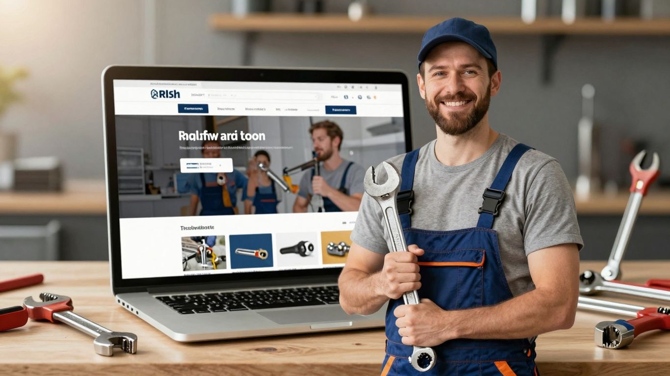 Irish plumber with wrench in front of website on laptop.