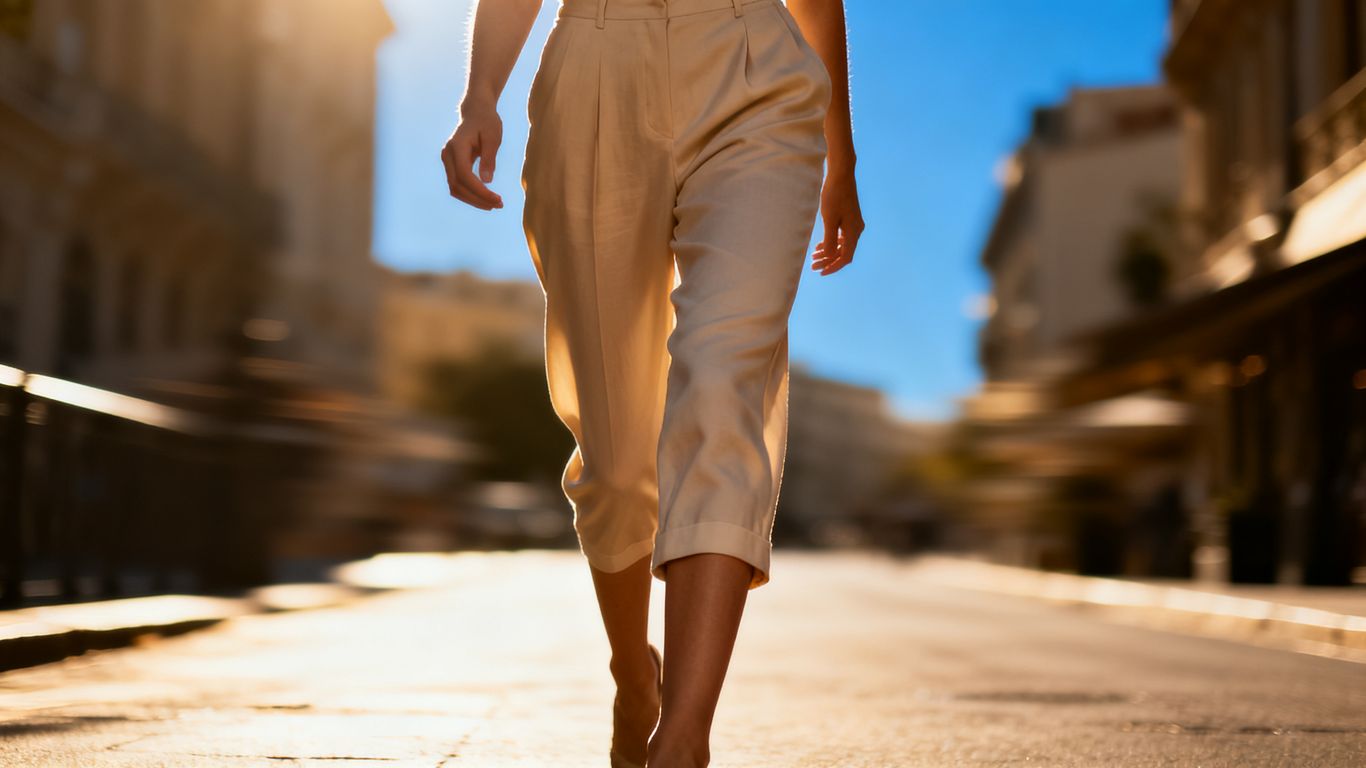 Woman wearing fashionable capri pants on a sunny street.