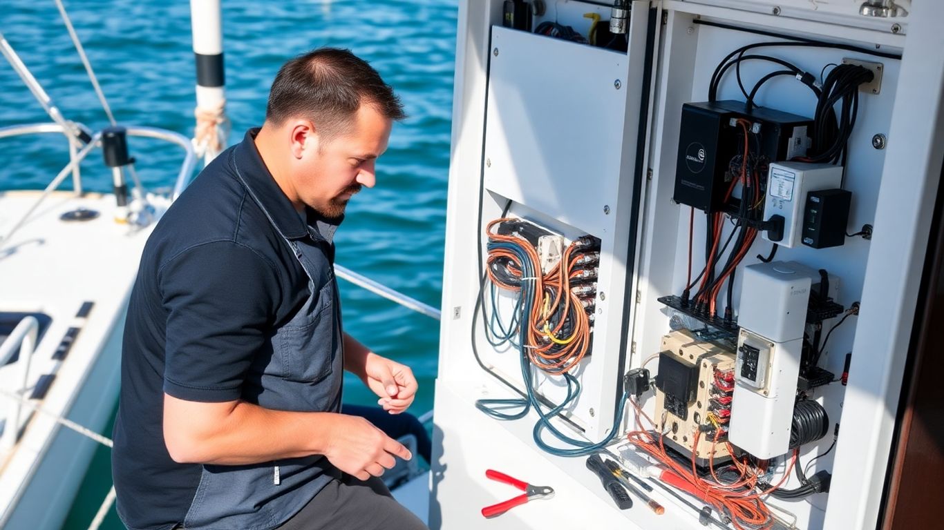 Marine electrician working on yacht electrics in Salcombe.