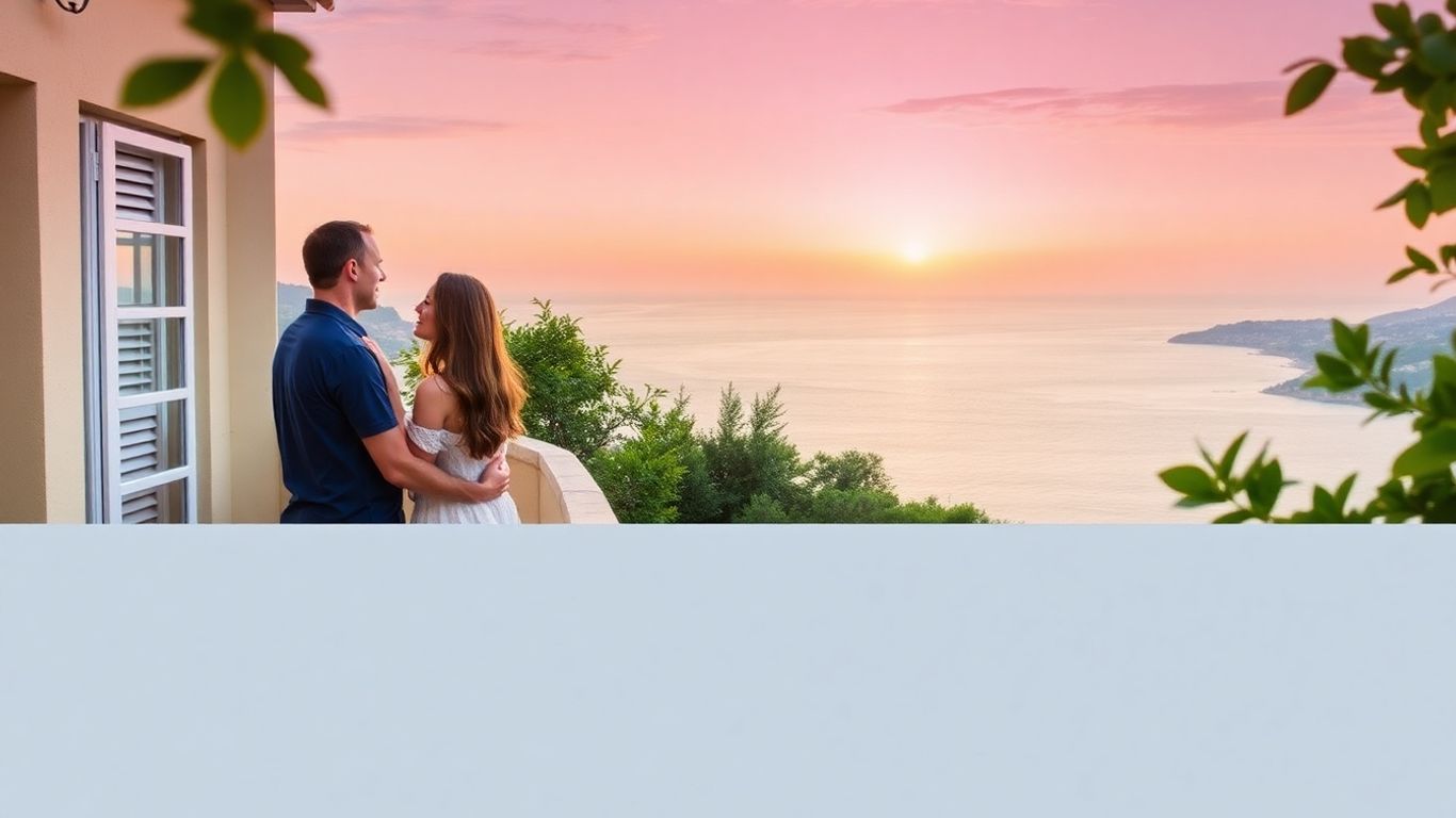 Couple sur un balcon avec vue sur la mer au coucher du soleil.