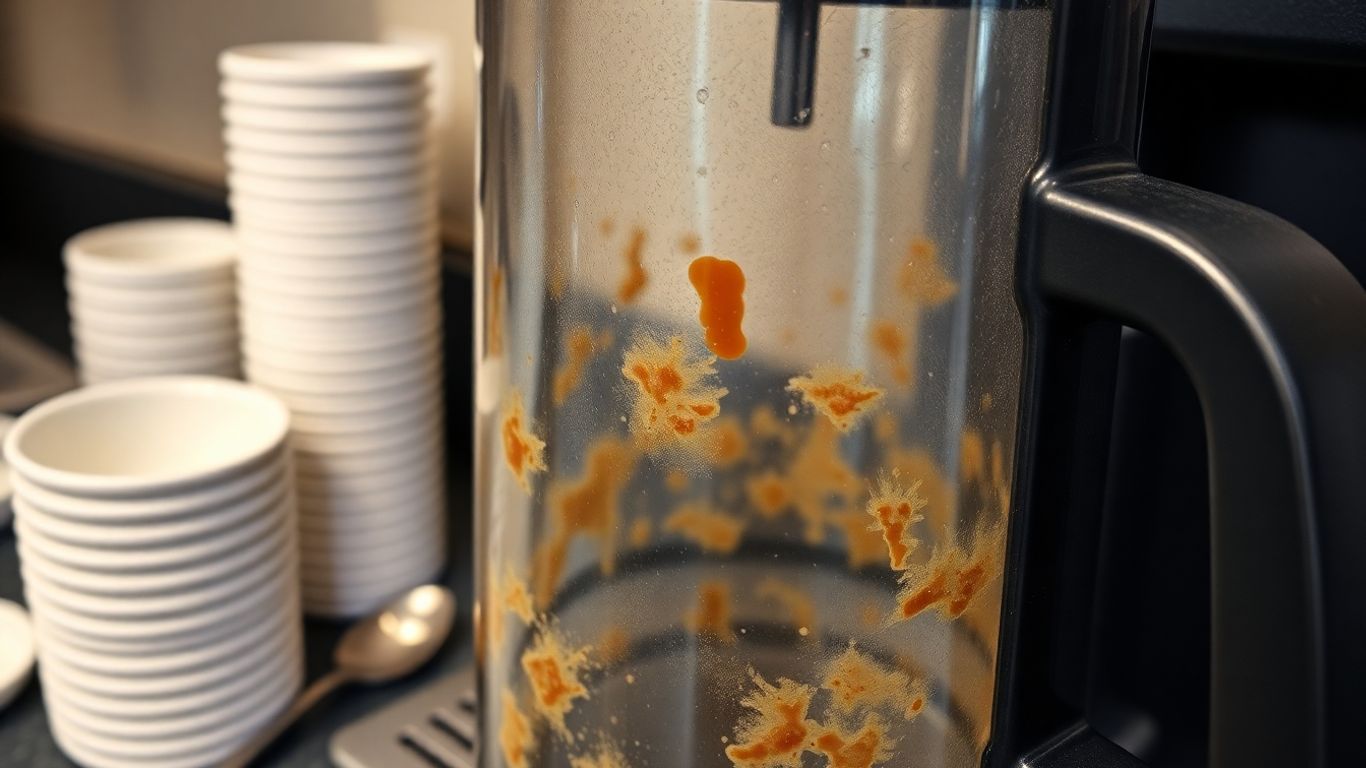 Dirty office coffee pot on a breakroom counter