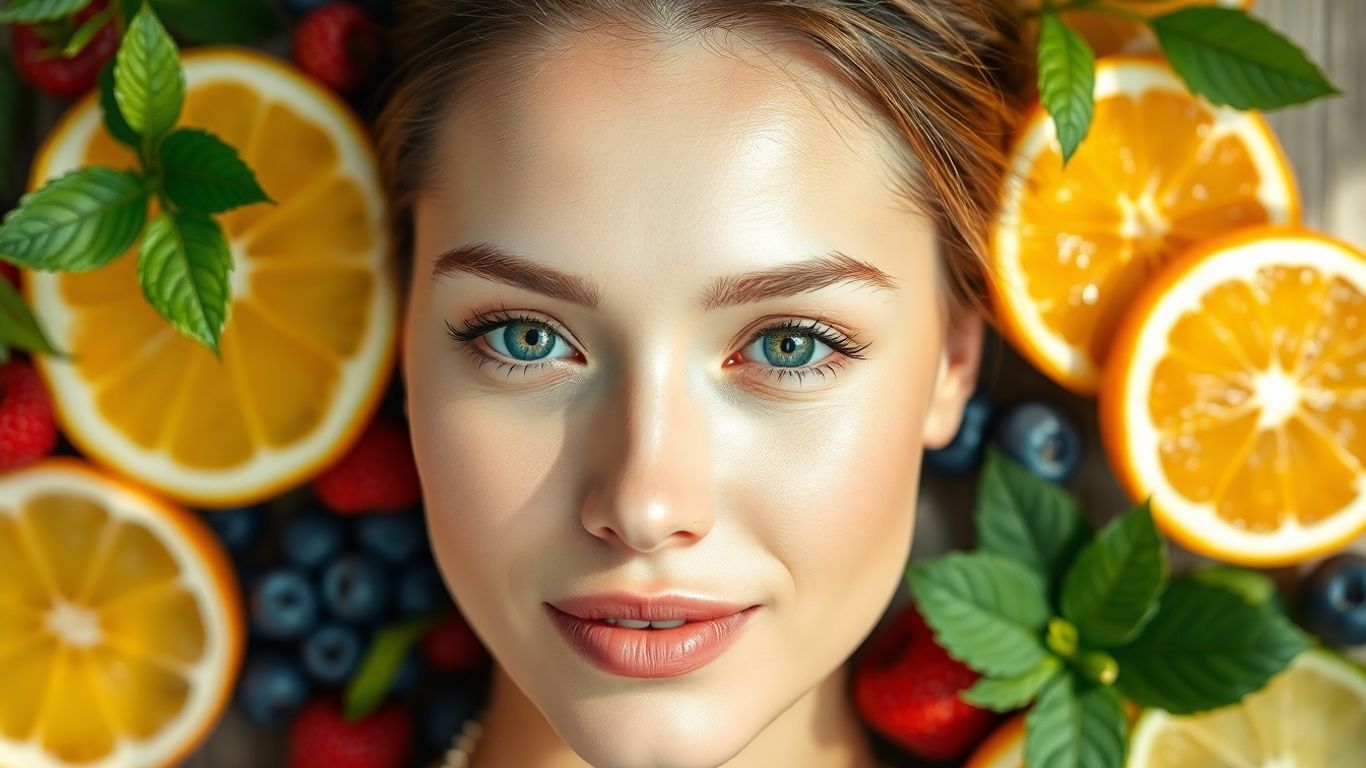 Woman's face with clear skin and natural ingredients.