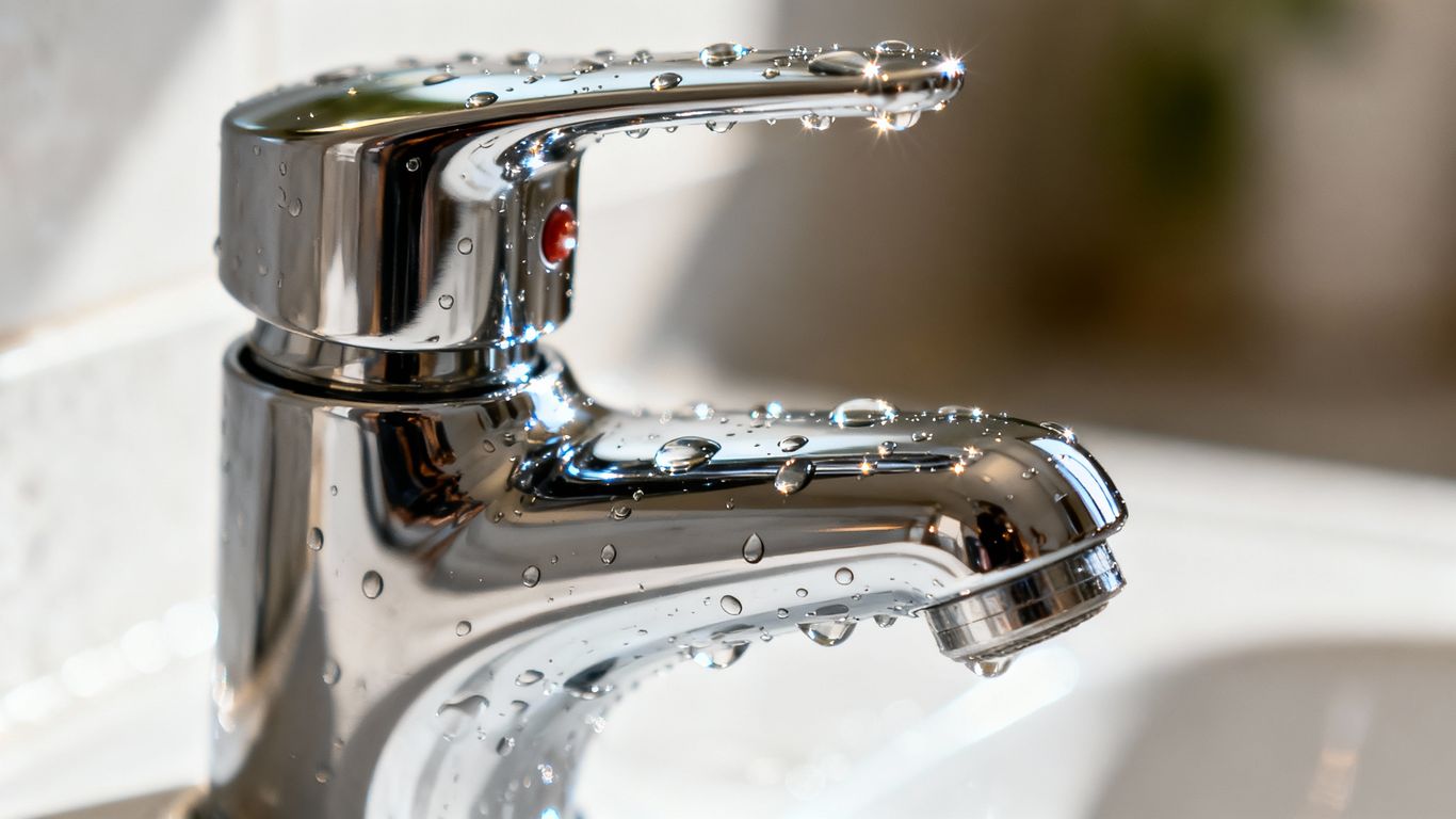 Close-up of a shiny chrome faucet with water droplets.