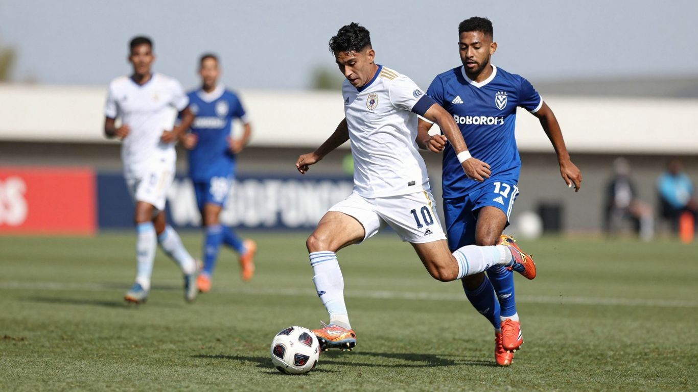 Jucător de fotbal în mijlocul terenului, acțiune intensă.