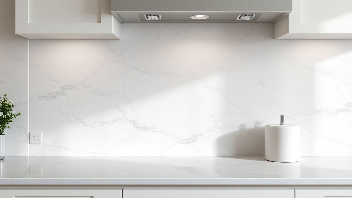 Elegant white marble kitchen backsplash with grey veining.