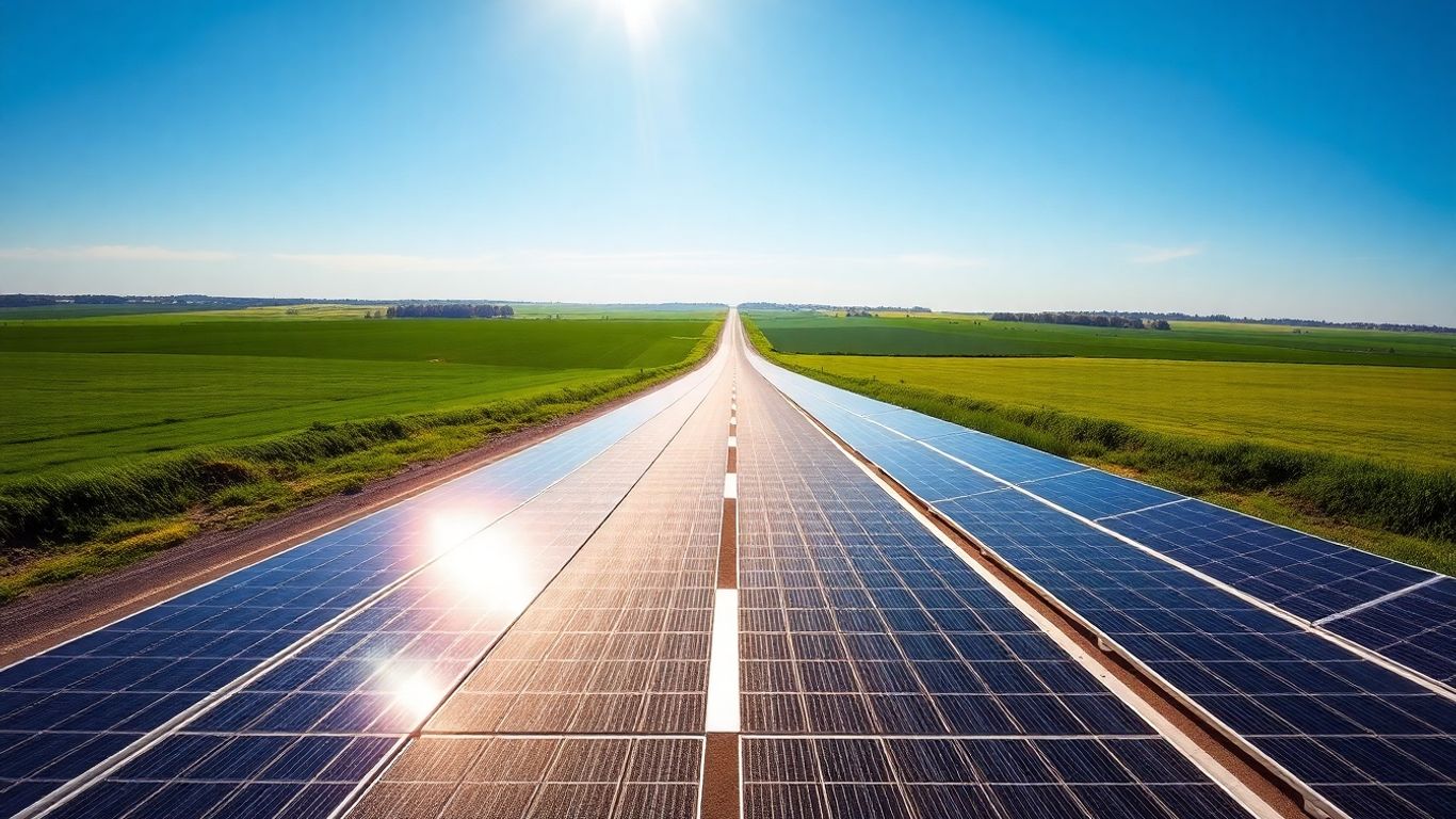 Route pavée de panneaux solaires sous un ciel bleu.