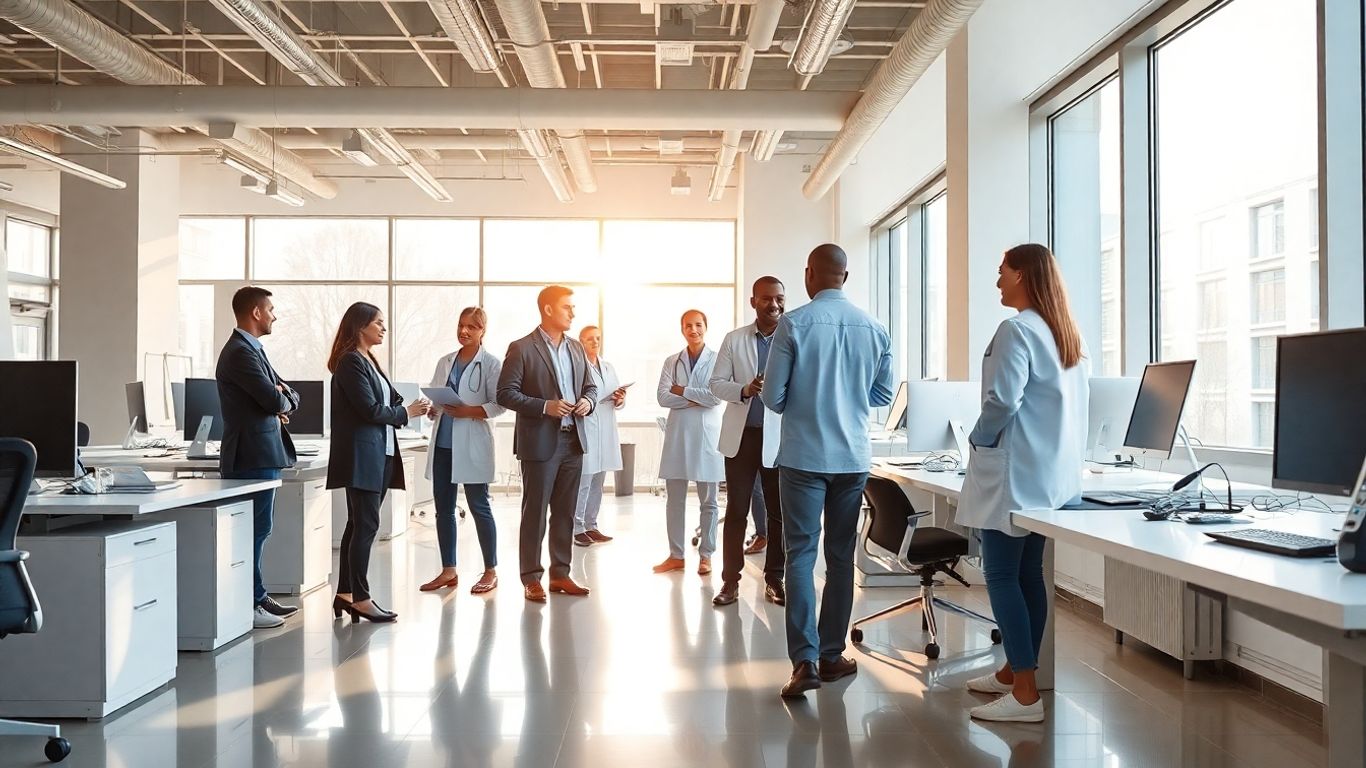 Healthcare professionals collaborating in a modern office.