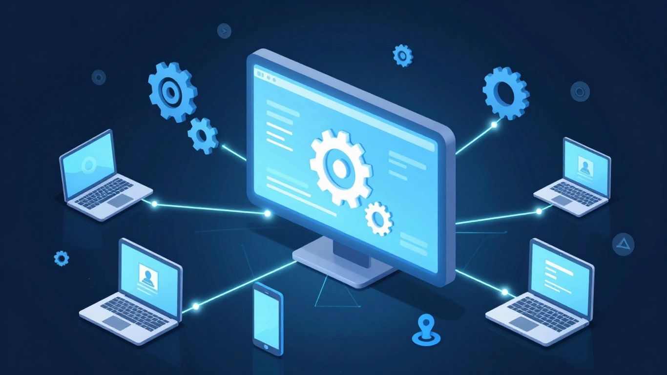 Remote IT support infographic with connected devices and tools.