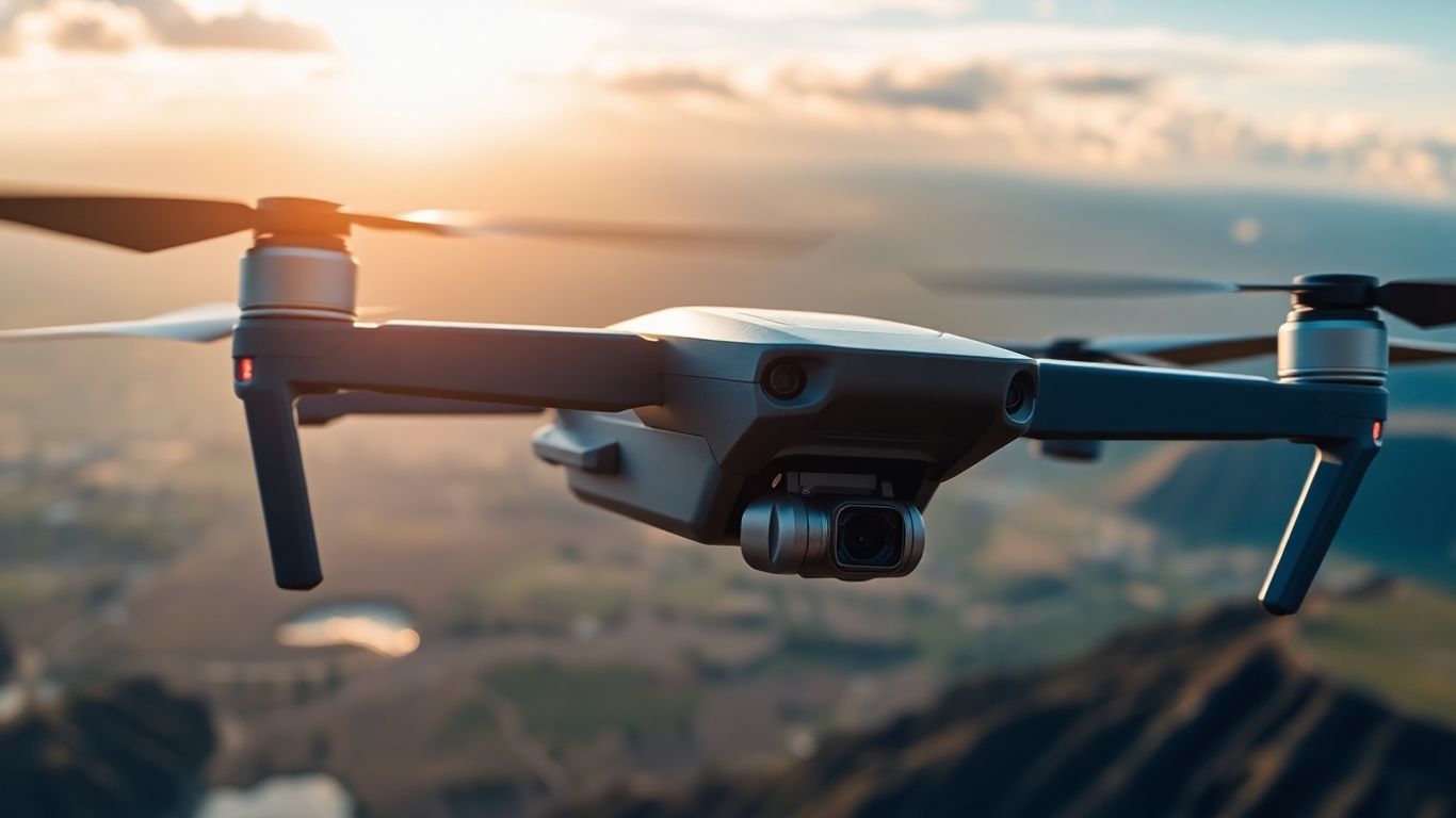 Drone flying over scenic landscape, aerial view.